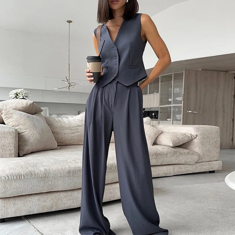 casual sleeveless suit set office lady spring summer elegant slim v-neck blazer tops pants two piece set women outfit 2024