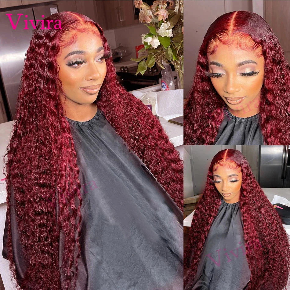 30 36Inch 99J Burgundy 13x6 Hd Lace Frontal Human Hair for women Red Colored 13x4 Transparent Lace Curly deep wave frontal wig