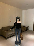 Elegant Off-Shoulder Long Sleeve Knitted Top For Women 2023 Autumn Slimming Smooth Base Layer T-Shirt Polyester Fiber Full Sleev