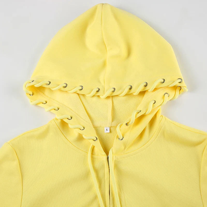 BIIKPIIK Drawstring Hooded Hoodie Suits Autumn Winter Solid Zipper Women Casual Pants Set Street Sporty Sweatshirt Two Piece Set