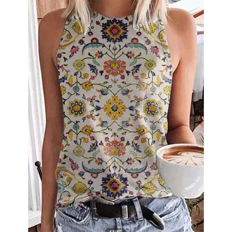 Ethnic Style Paisley 3D Print Tank Tops Women Retro Streetwear Y2k Oversized O-Neck Vest Off Shoulder Sleeveless Woman Camisole