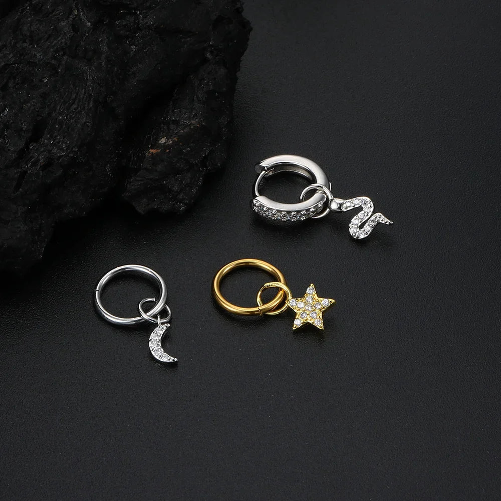 1PC Little Star Moon Snake Crystal Charms Pendant Helix Daith Earrings for Women Hanging Matching Piercing Lobe Tragus Jewelry