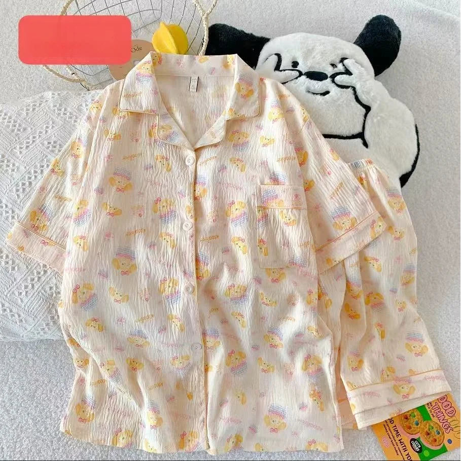 Cute Pink Cloud Cotton Spwear Bear Print Home Clothes Long Sve ort Sve Women's Comfortable Home Suit Summer Thin