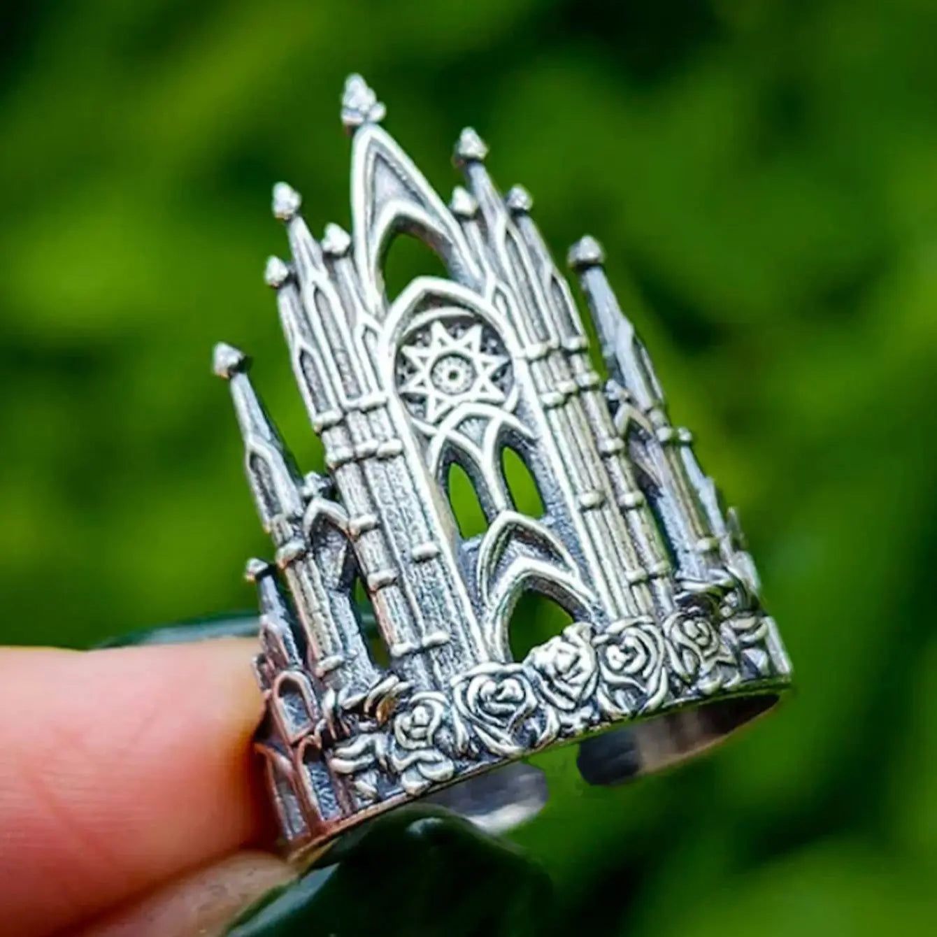 1pc Vintage Castle Architectural Style Hollow Out Fiowers Geometry Gothic Metal Silver Color Open Ring Woman Party Prom