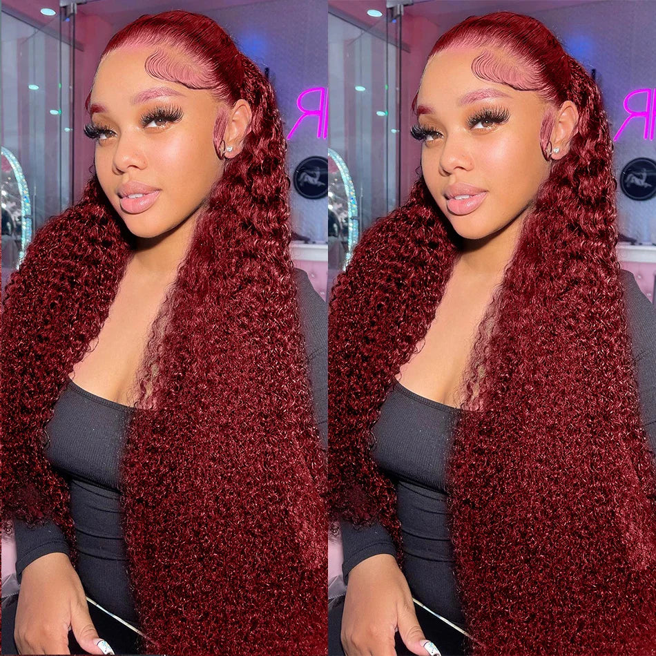 Burgundy Curly 13x6 Hd Lace Frontal Wig Human Hair 100% Brazilian 13x4 Water Deep Wave 99J Red Colored Wig For Women 30 36 Inch