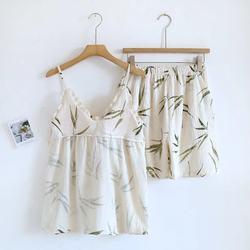 2025 Japanese Summer New Women's Pajama Set 100% Cotton Crepe Cloth Ladies Suspender+Shorts Two Piece Home Furnishing Set