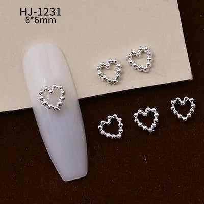 20PCS 3D Glossy Gold Silver Metallic Love Heart Various Crook Frame Solid Alloy Nail Art Rhinestones Decorations Manicure Charms