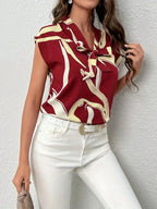 Brush Print Tie Neck Blouse, Elegant Short Sleeve Top For Spring & Summer, Women's Clothing