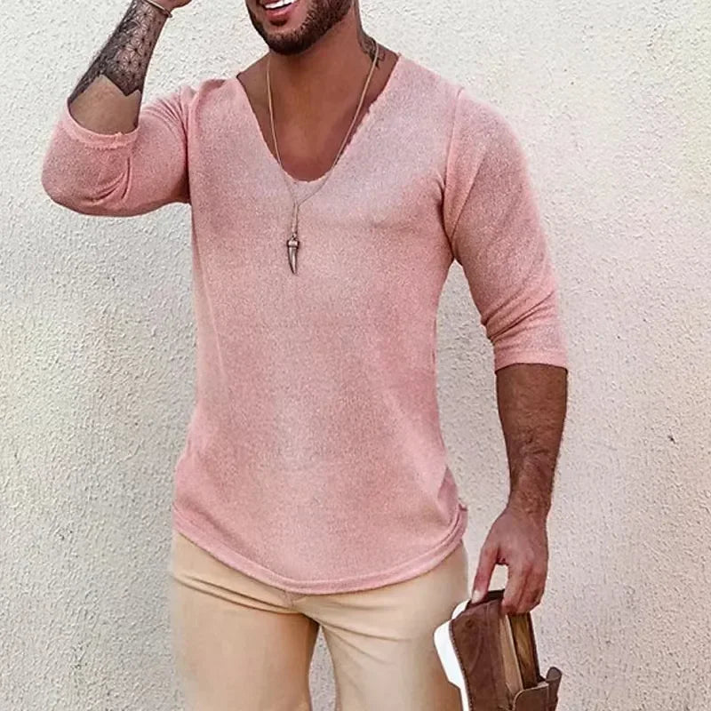 2025 Men's Casual Long Sleeve Kniited Sweaters Thin Style Mens Spring Autumn Clothing Solid V Neck Knitting Pullover Knit Tops
