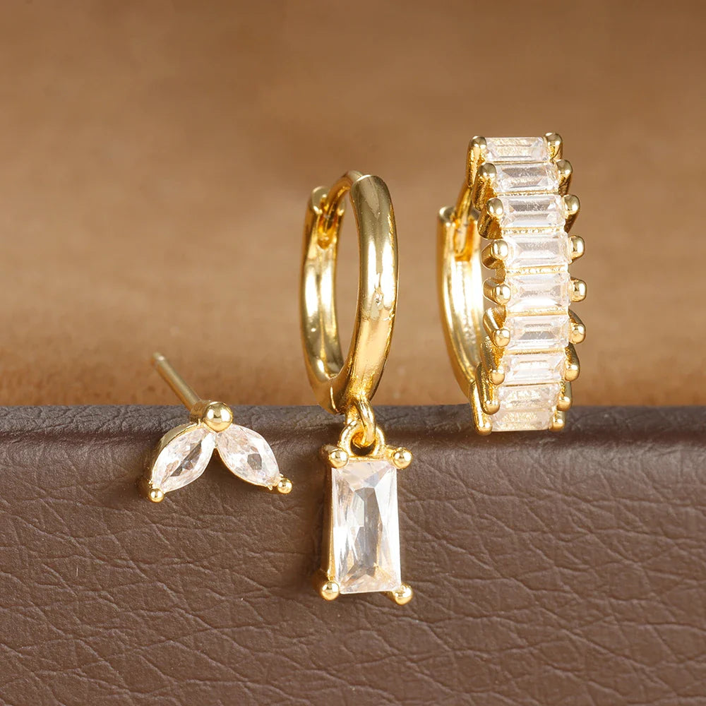 3PCS Stainless Steel Square Earrings Sets for Women Vintage Zircon Pendant Geometry Round Circle Hoop Earrings Piercing Jewelry