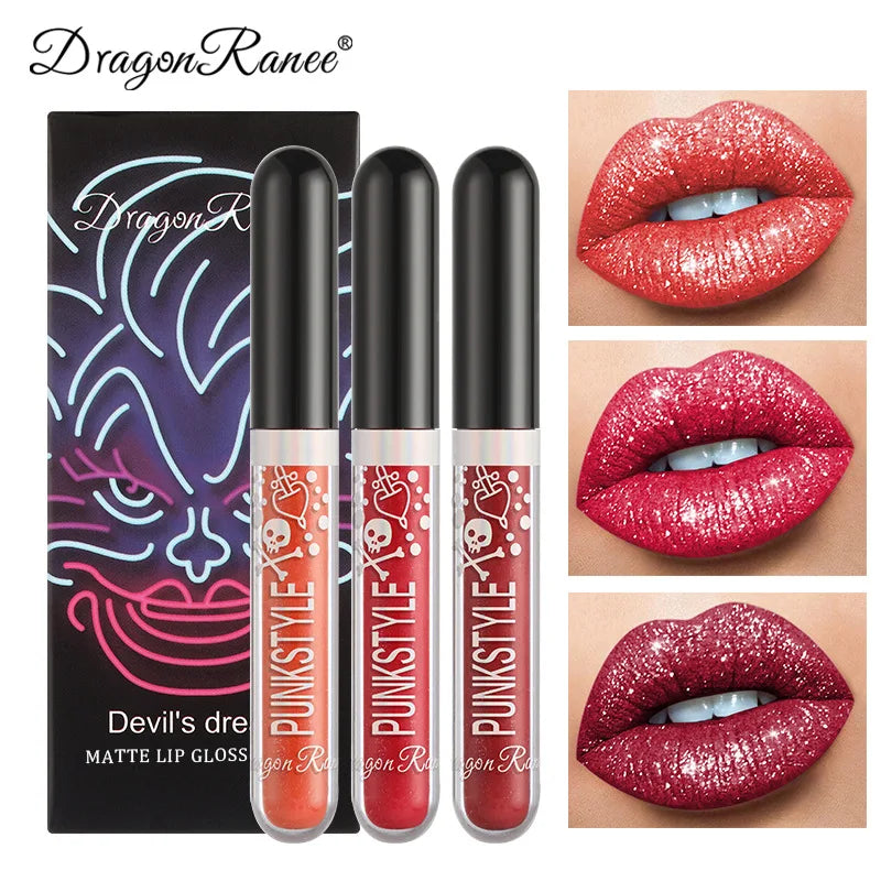 3pcs Glitter Lipstick Set Waterproof Sexy Blue Purple Black Lip Gloss Shiny Lip Tint Halloween Lip Makeup Tool Korean Cosmetics