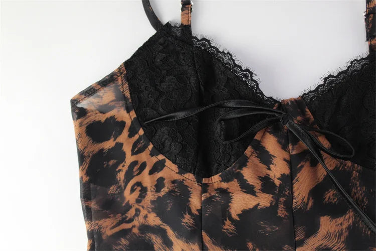 Ahagaga Sexy Leopard Women's Mini Dresses Camisole Sleeveless V-Neck Slim Fit Lace Bows Blackless Streetwear Bodycon Vestidos