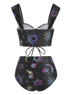 Dressfo Women's Vintage Tanknini Swimsuit Sun Moon Print Lace Up Cut Out Ruched High Waist Bottom Push Up Underwire Swimwear