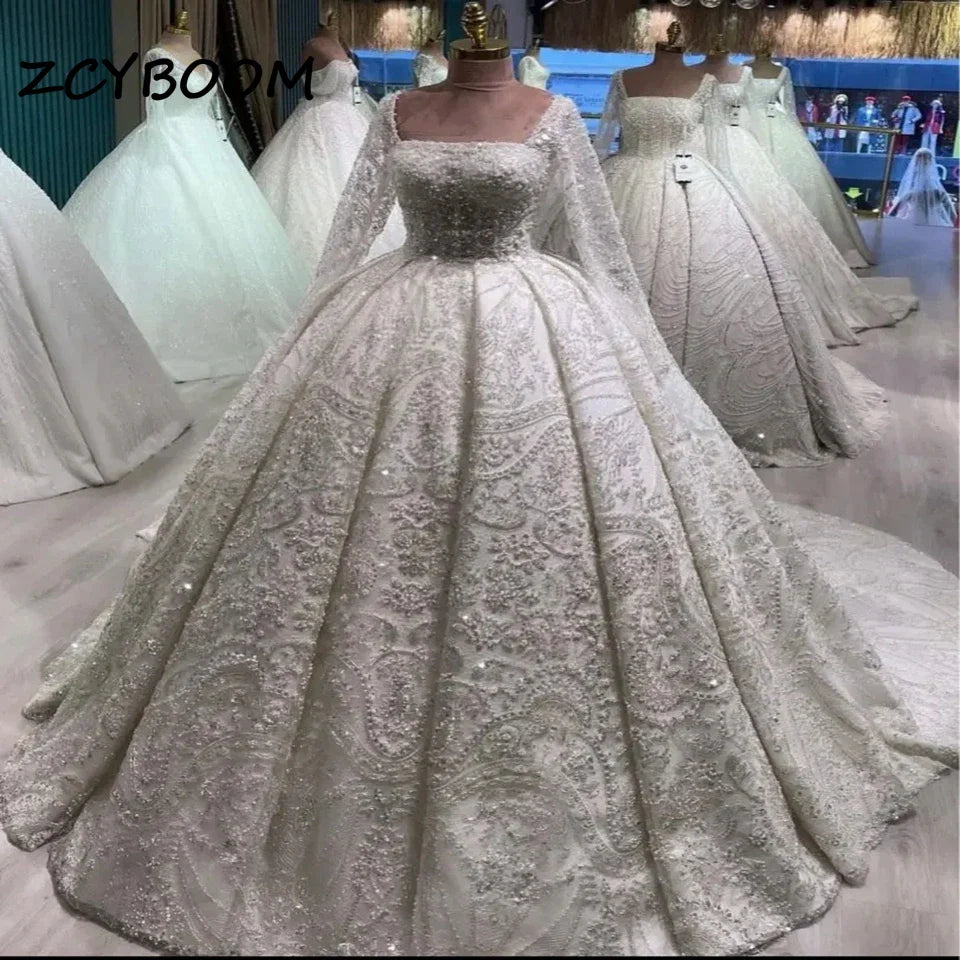 Customized Elegant Ball Gown Square Collar Wedding Dresses For Women Appliques 2025 Court Train Bridal Gown Vestidos De Noiva
