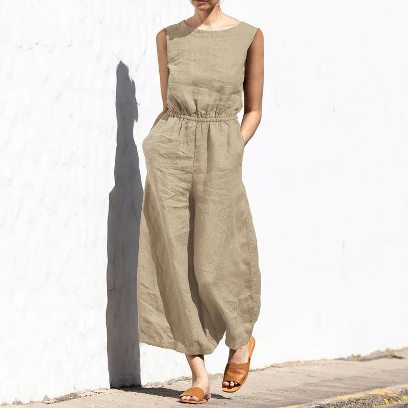 Elegant Solid Cotton Linen Women Jumpsuit Fashion Button O Neck Sleeveless Pocket Jumpsuits Ladies Elastic Waist Office Clothing
