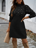 2025 Autumn Women Sweater Dresses Pearls Round Neck Long Sleeve Hip Wrap Dress Winter Elegant Ladies Casual Solid Slim Fit Dress