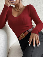 2025 Autumn Winter Women Solid Rib Knit V Neck Stripe Pull Sweater Femme Y2k Long Sleeve Pullover Jersey Tops Fashion Clothes