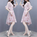 Ele Summer  Women's Midi Dr ang Hai Sle Sweet Princ round Ne ort Sve A-Line Skirt Printed Chiffon Dr