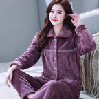 Autumn Winter Thicken Flannel Women Pajamas Set Two-piece suit Warm Loose Long-sleeve Female Casual Home service Single-breasted