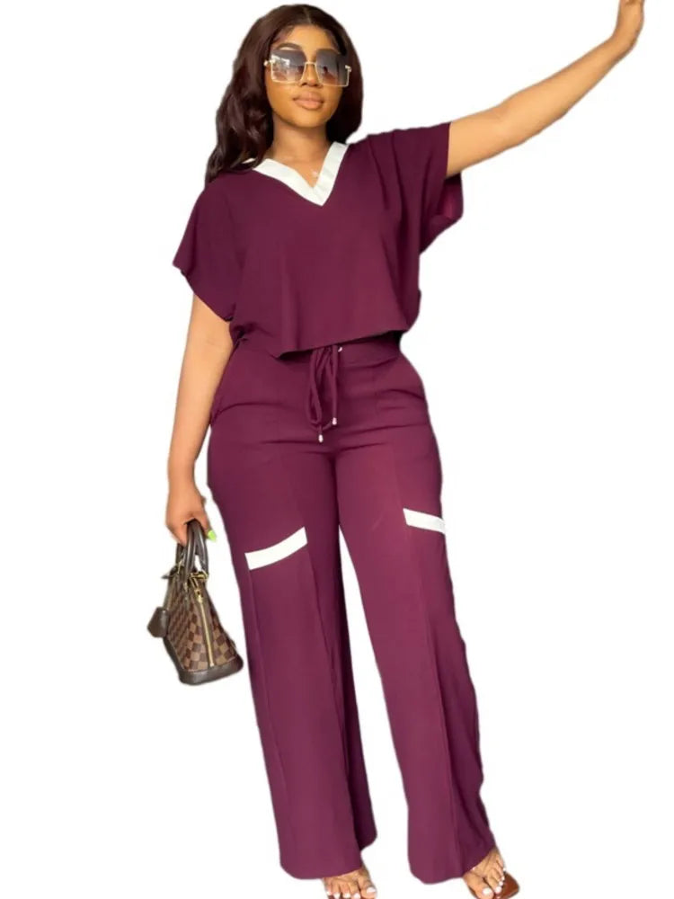 Elegant Women's Casual Short Sleeve T-shirt Sports Suit Summer Fashion Solid V Neck Short Top & Straight Pants Two Piece Sets