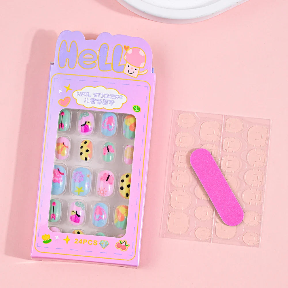 24Pcs Children Cartoon Nail Tips Colorful Cute Rabbit Pink Stars 6-14 Years old Girl Fake Nail With Jelly Glue Kids False Nail