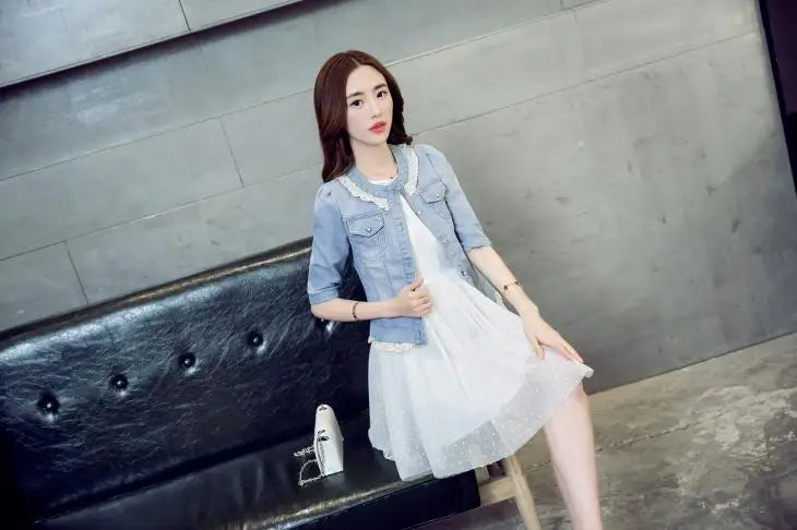 2023 Spring/Summer New Denim Jacket Women's Korean Casual Slim All-Match Short Crop Sleeve Short Sleeve Denim Button Up Top