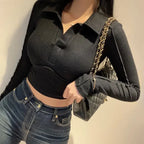 Elegant Coquette Women's Polo Neck T-Shirt - Long Sleeve, Chic Style, Effortless Elegance