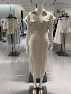 ETJ 2025 summer new TRAF women's elegant fashion waist pleated V-neck short-sleeved temperament denim MIDI dress