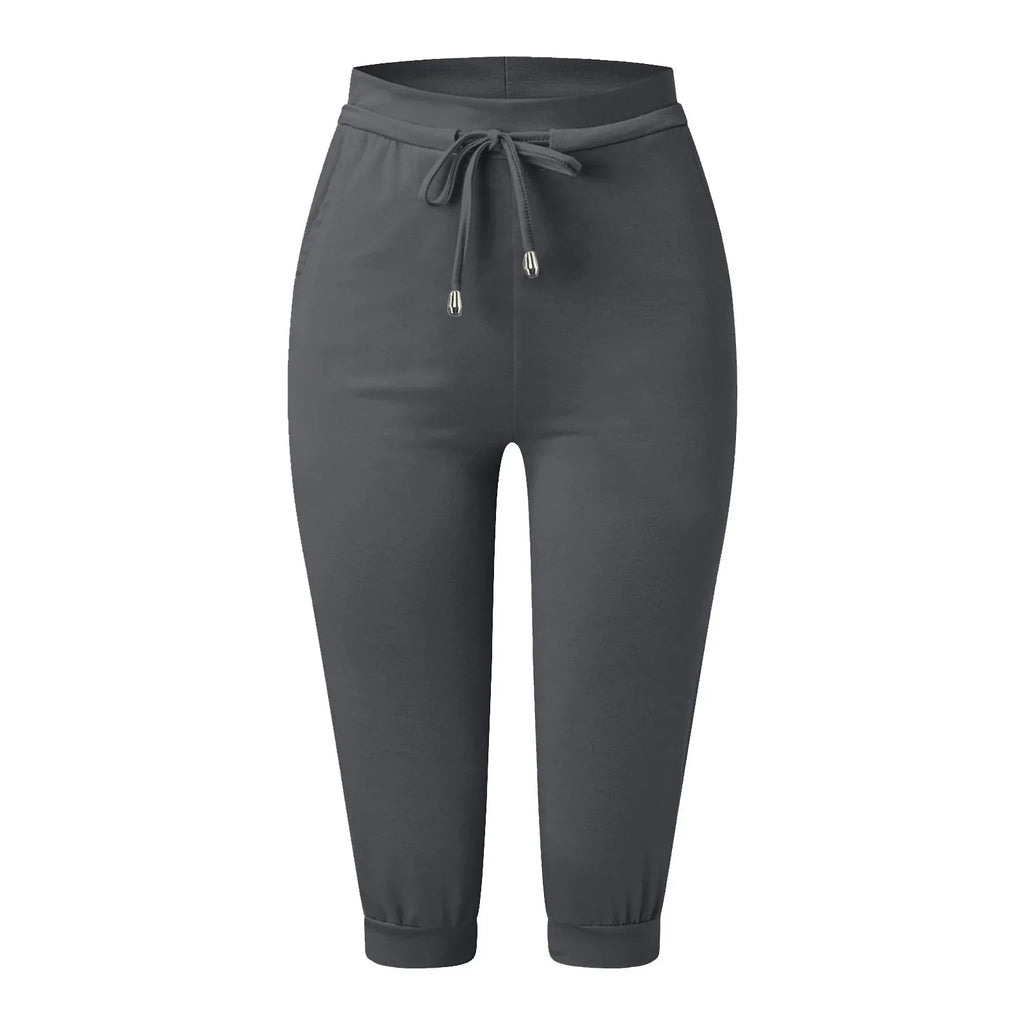 Classic Solid Color Jogging Pants Women Cotton Linen Capris Trousers Bandage Double Pocket Pants Summer Beach Vacation Wear