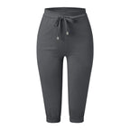 Classic Solid Color Jogging Pants Women Cotton Linen Capris Trousers Bandage Double Pocket Pants Summer Beach Vacation Wear