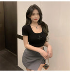 2025 Summer tshirt Women Black Cross Print Short T-Shirt Sexy U Neck Crop Top Short Sleeve Tops Tee Female Shirts