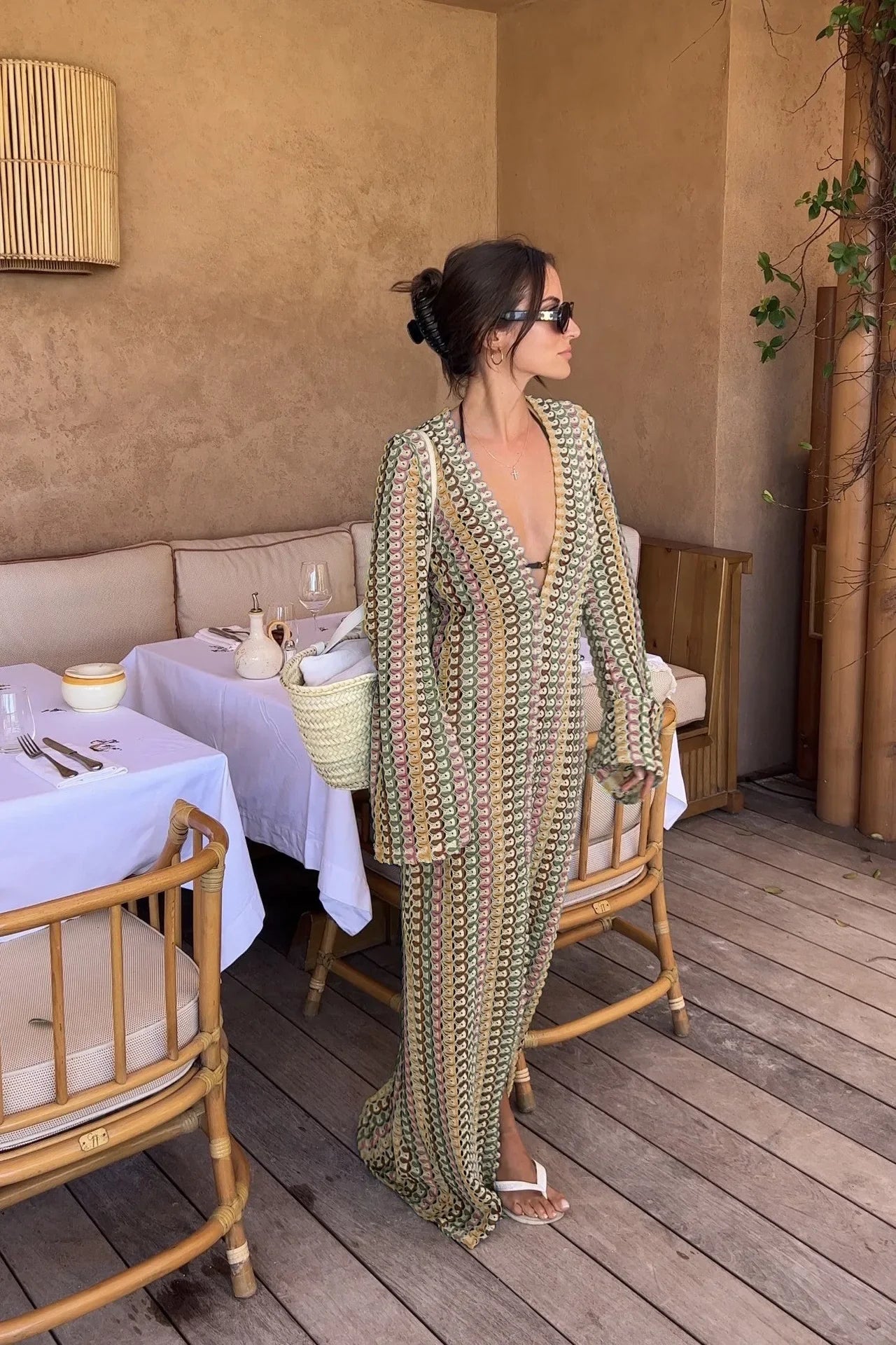 Crochet Colorful Stripe Flare Sleeve Maxi Dress Women V-neck High Split Sexy Lace Long Dresses 2024 New Beach Banquet Vestidos