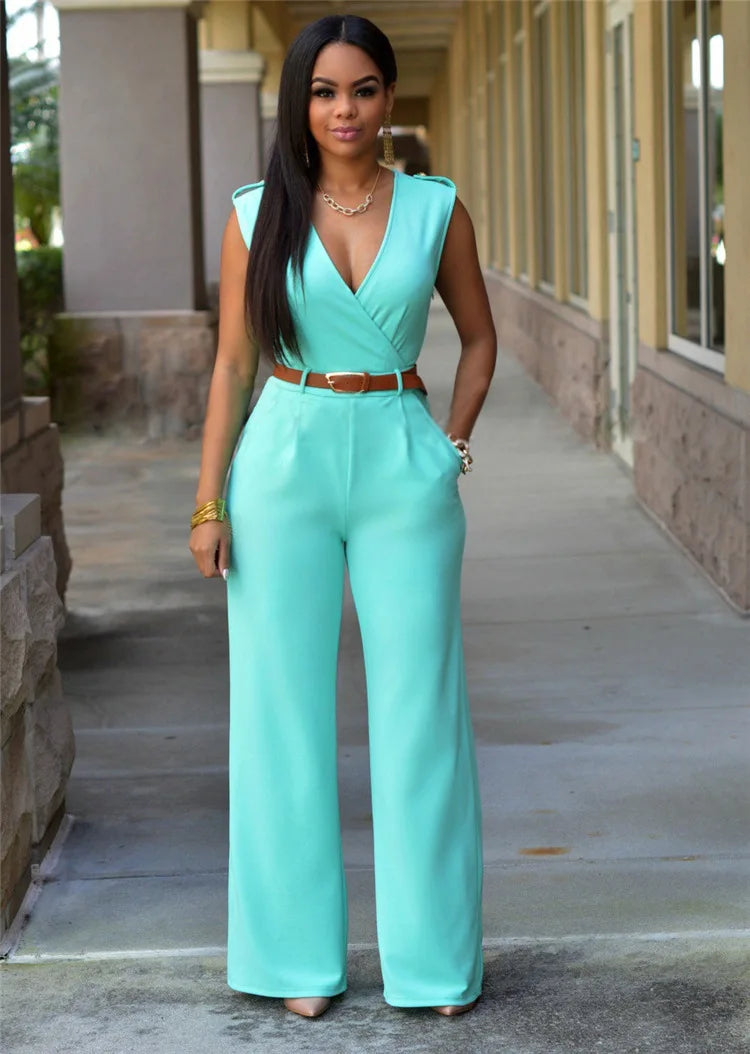 Business Formal Jumpsuit Work Wear Women Romper Elegant Long Deep V Neck Sleeveless High Waist Wrap Jumpsuits Fashion Streetwear