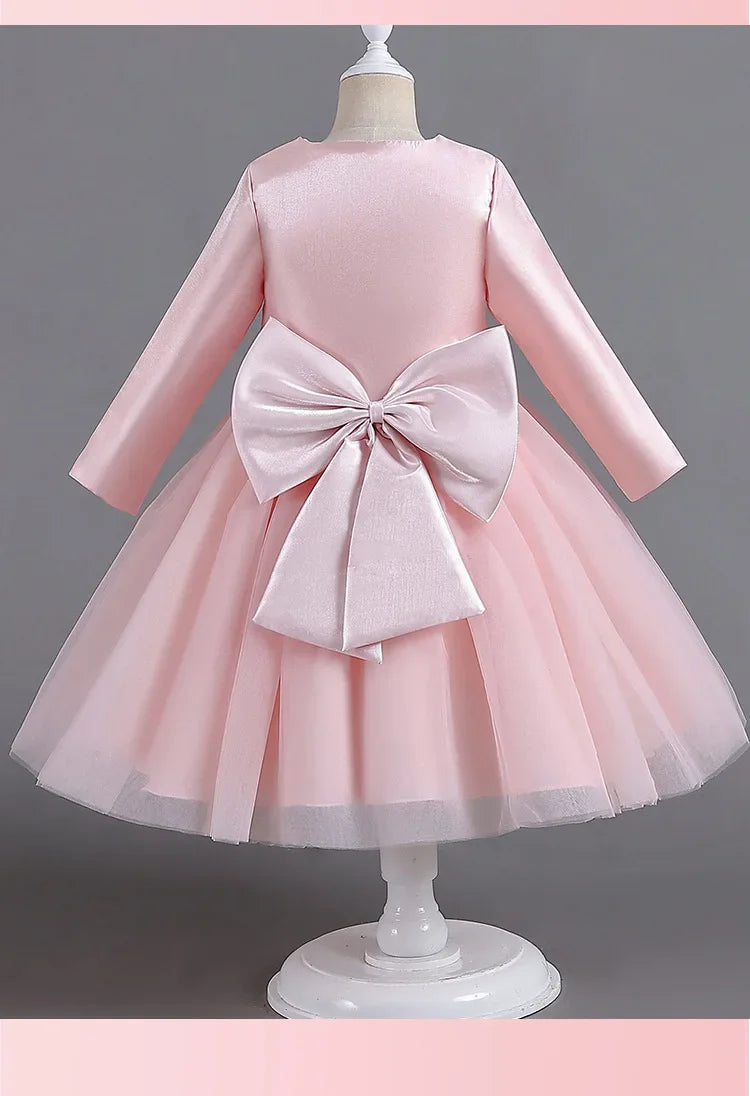 ELBCOS 4-14Y Girls Tie Crew Neck Long Sleeves Solid Color Fold Skirt Cardigan Coat Waist Bow Costumes Princess Party Dress Suit