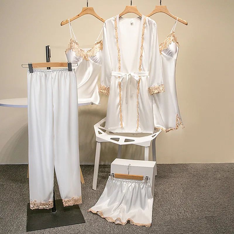 2025New Luxury Satin Pajama Set 5 Pcs Women's Silky Sleepwear Lace Trim Robe Nightgown Cami Shorts Pants Elegant Loungewear Hot