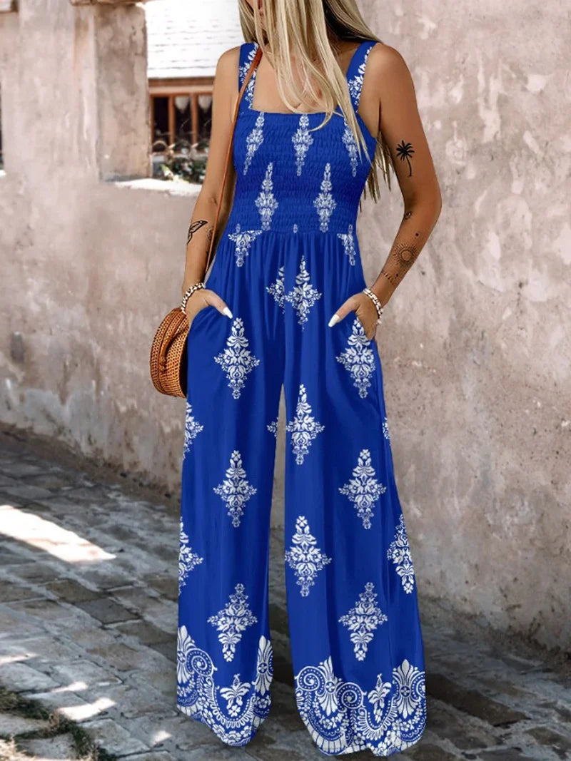 2025 Summer Female Jumpsuits with Pockets Fashion Printing Wide Legs High Waist Women's Rompers Sleeveless Strap Pants Trousers