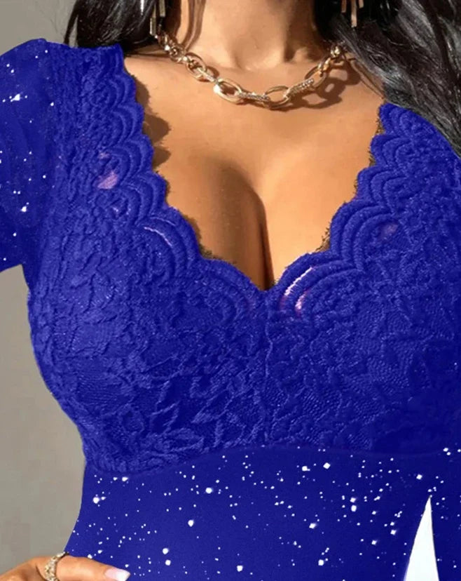 Blouse for Women Slim Deep V Neck T-Shirt 2025 Sexy Scallop Trim Lace Patchwork Glitter Flower Embroidery See-Through Shirt