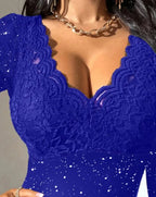 Blouse for Women Slim Deep V Neck T-Shirt 2025 Sexy Scallop Trim Lace Patchwork Glitter Flower Embroidery See-Through Shirt