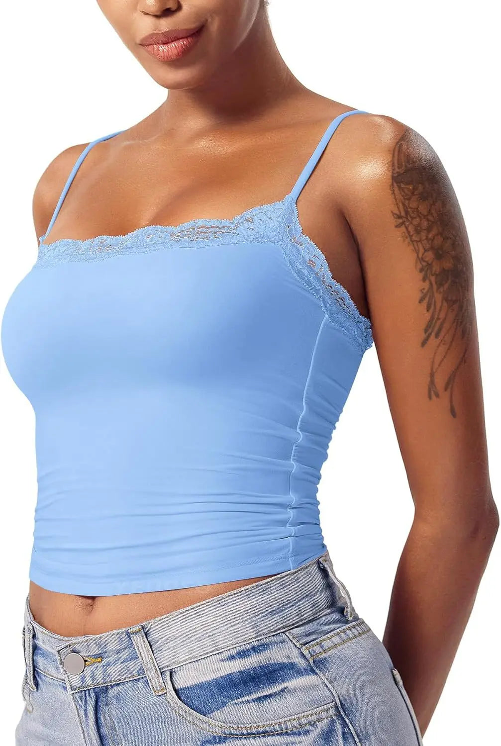 2025 Women Lace Tanks Top Spaghetti Strap Lace Square Neck Sleeveless Match Pants Soft Pullover Summer Camisole Women Clothes