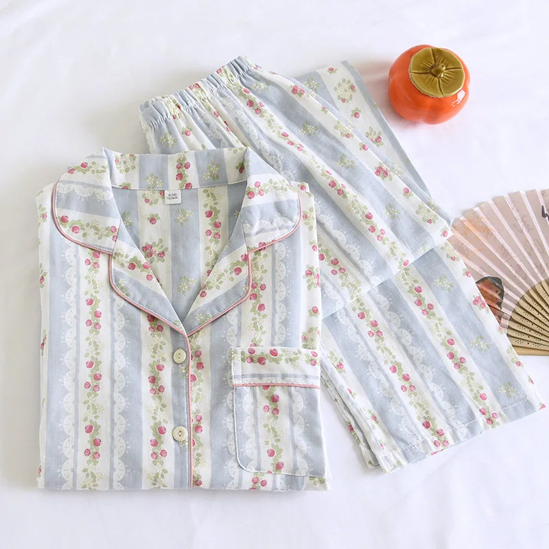 2025 Japanese New Women's Pajama Set 100% Cotton Gauze Long Sleeve Long Pants Two Piece Set Fresh and Sweet Thin Home Clothing