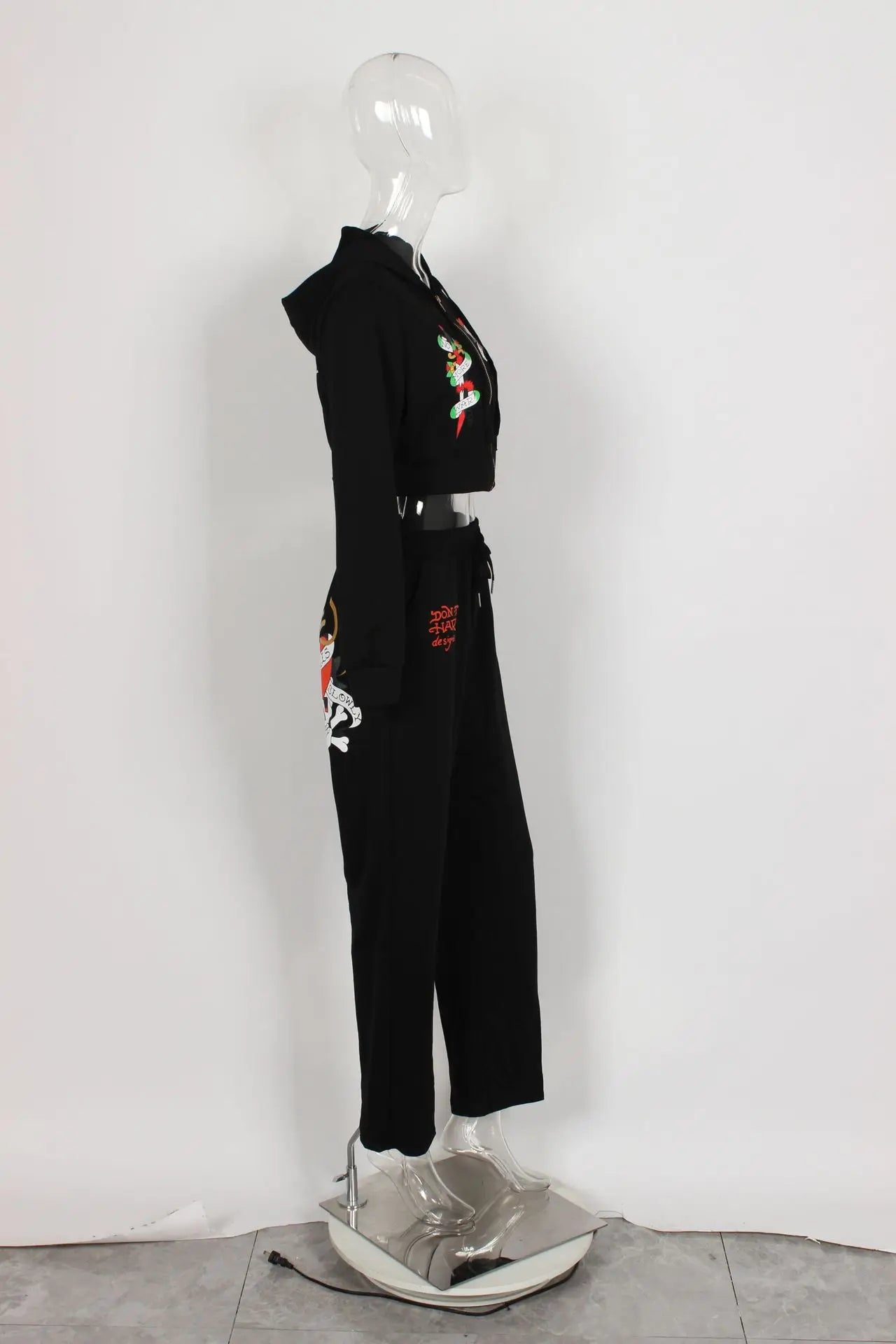 Bangniweigou Skull Love Print Zipper Short Cardigan + High Waist Straight Leg Pants Two Piece Set Women Tracksuit Autumn Winter