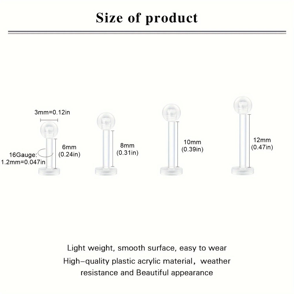 10~20pcs/Set Transparent Acrylic Bioflex Tragus Retainer Lip Studs Ear Helix Earring 6mm 8mm 10mm 12mm Body Piercing Jewelry