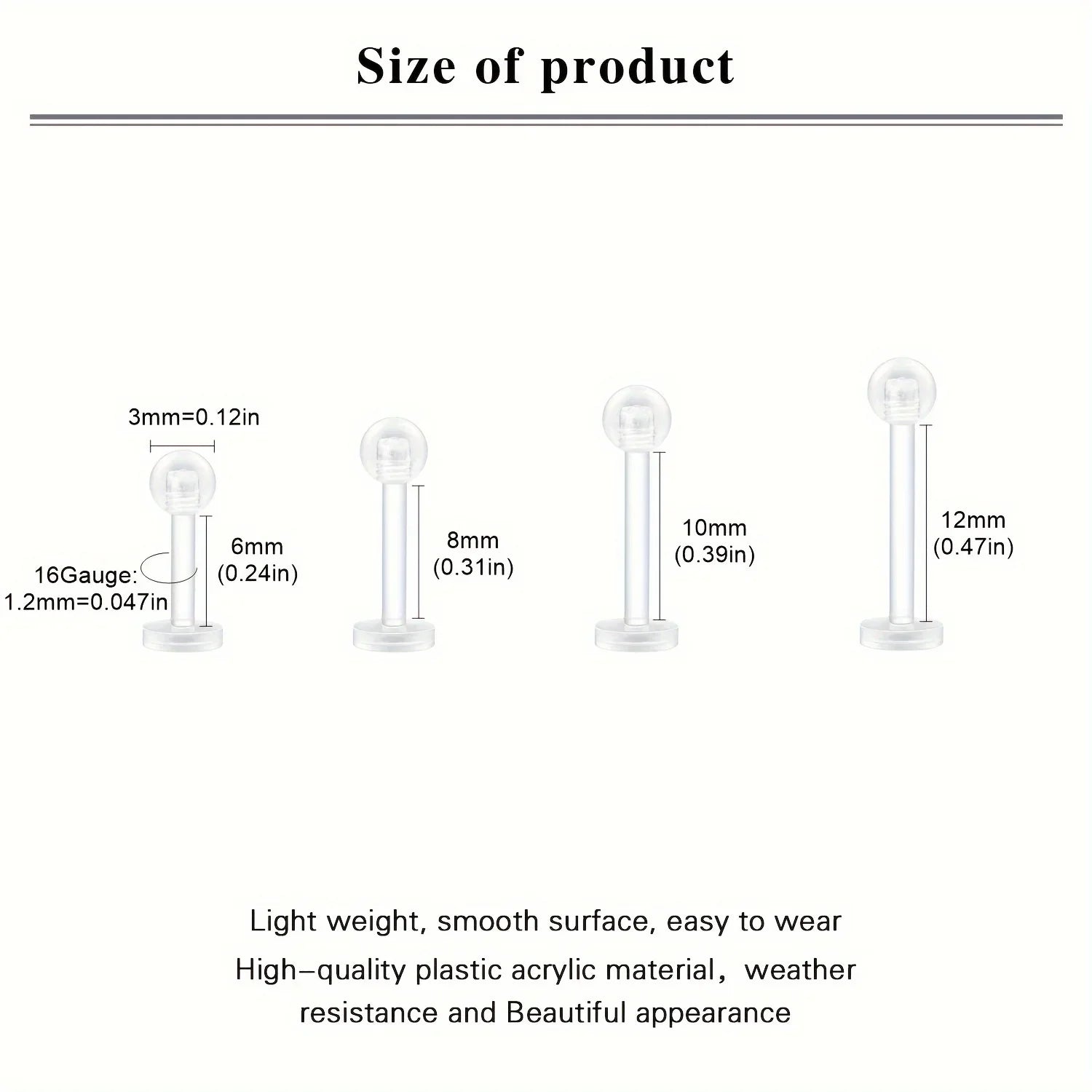 10~20pcs/Set Transparent Acrylic Bioflex Tragus Retainer Lip Studs Ear Helix Earring 6mm 8mm 10mm 12mm Body Piercing Jewelry