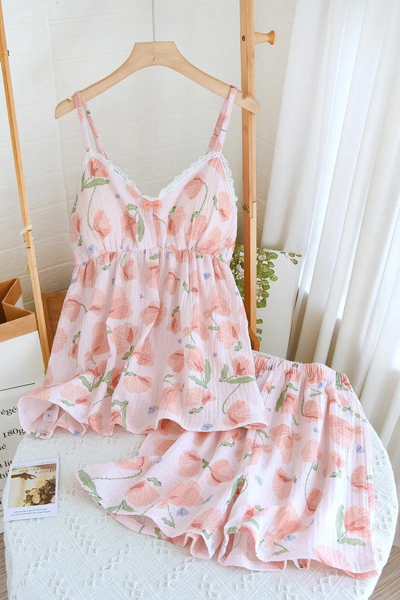 2025 New Summer Women's Pajama Set 100% Cotton Suspenders+Shorts with Chest Pads Two Piece Set of Ladies Flower Home Furnishings
