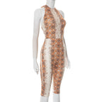 CUTENOVA Women'S Full-Body Printed Hanging Neck Tie Backless Skinny Five Points Jumpsuit Simple Casual Sexy Street Jumpsuit