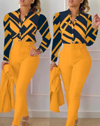 Elegant Women Printed Two Piece Suit Sets Spring Autumn V Neck Long Sleeve Shirt Top & Long Pants Set With Belt Workwear Outfits