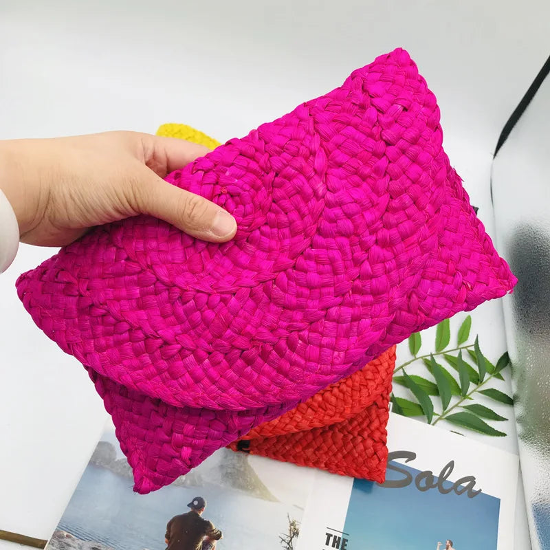 Corn Husk Weave Dinner Clutch Bag Women's Fashion Simple Solid Straw Large Purse Woman Summer Casual Vacation Ladies Wallet 2025