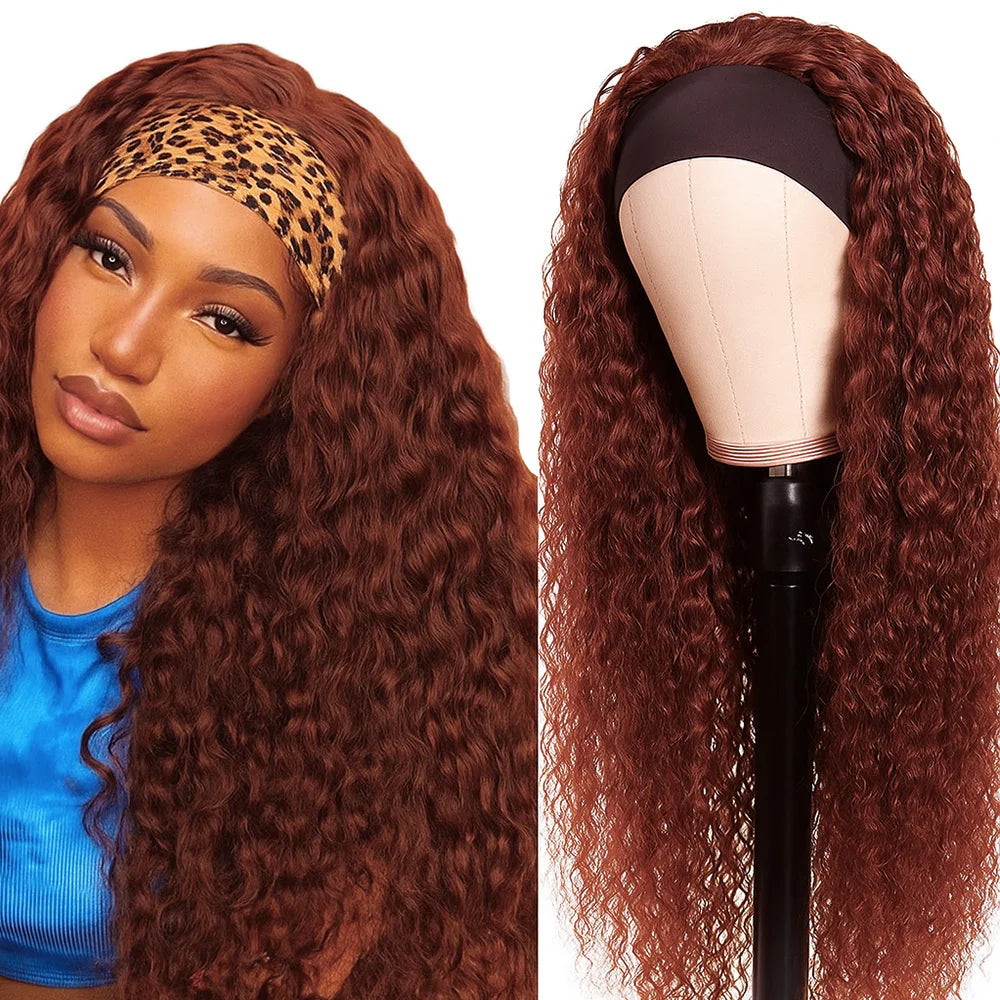 200% Density Headband Reddish Brown Wig Human Hair Ginger Deep Wave Burgundy 99J Curly Water Wave Glueless Wigs Clearance Sale