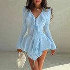 2025 New Autumn Irregular Hem Dress Women Y2K Flare Sleeve V-Neck Bandage Stretch Elegant Birthday Party Chic Hipster Bodycon