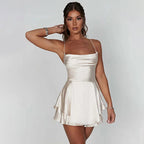 2025 Summer Hot Sale Sexy Solid Color Backless Short Dress - Crisscross Straps Satin Skirt
